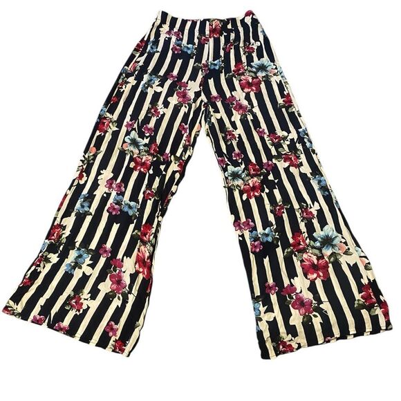 Black and White Casual Palazzo Pants with Bold Floral Stripes - Picture 1 of 2